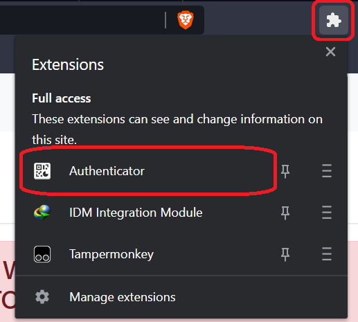 Buka Authenticator dengan klik ikon puzzle dan pilih 'Authenticator'