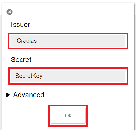 Isi 'Issuer' dengan 'iGracias', 'Secret' dengan secret key yang Anda dapat dari Admin IT Service Desk, dan klik 'Ok'