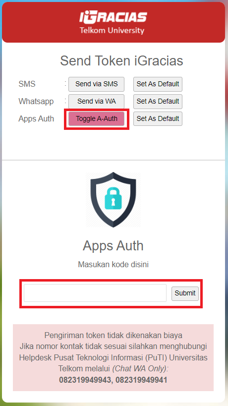 Untuk login menggunakan kode authenticator, klik 'Toogle A-Auth' pada iGracias, input kode pada kolom yang disediakan, dan klik 'Submit'