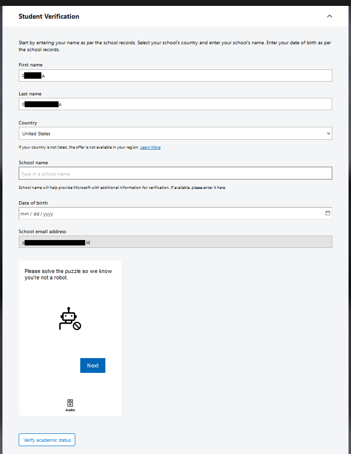 Student Verification (Microsoft Azure)