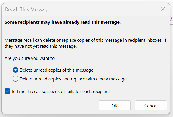 Outlook's Recall This Message Dialog Box