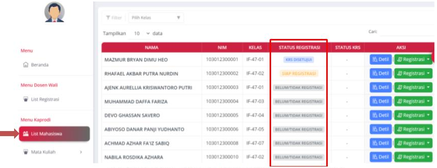 Lihat Daftar Mahasiswa dan Proses Status Registrasi Mahasiswa